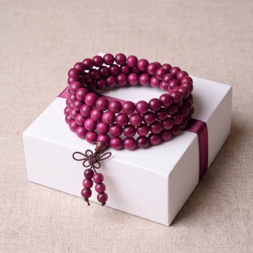 Handmade Mala Beads Bracelet 108 8mm Prayer Meditation Bracelet Sandalwood Elastic, Buddhist Beads, Prayer Mala Necklace for Men and Women Gifts - color: Violet Wood