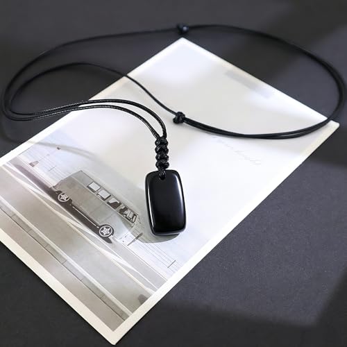 Natural Gemstone Pendant Necklace Healing Crystal Choker Necklace Adjustable Waxed Black Rope for Women Men - color: Obsidian