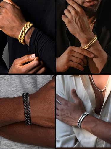 ChainsPro Miami Cuban Link Chain Bracelet for Men, 6/8/12/17mm, 7.5/8.3/9inch, 316L Stainless Steel/18K Gold Plated/Black No Tarnish Bracelets for Fathers' Day Husband, Send Gift Box - color: Gold Plated