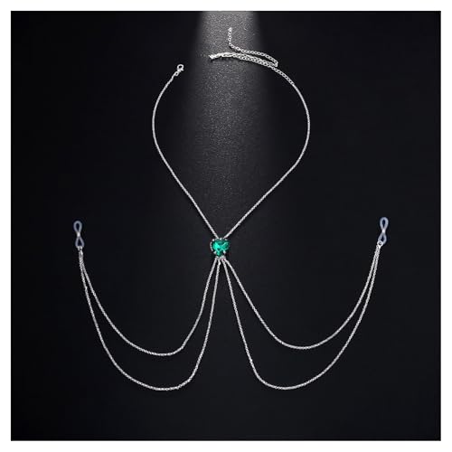 Crystal Heart Non Piercing Nipple Chain Layered Tassel Chest Chain Jewelry Festival Nipple Accessory Jewelry for Women - color: Green