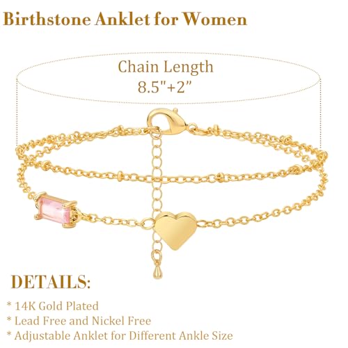 Birthstone Anklet with Heart Charm Layer Ankle Bracelet for Women, 14K Gold Plated Adjustable Chain Stackable Trendy Jewelry Gift for Her, Mom, Friend, Wife - style: 7-July
