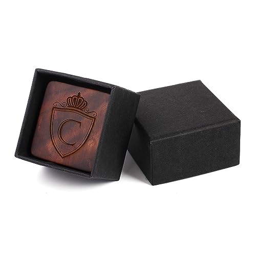 Mens Initial Silver Cufflinks A-Z Alphabet Letter Steel Cuff Links with Engraved Walnut Wood Box Groom Groomsman Wedding Set… - style: C