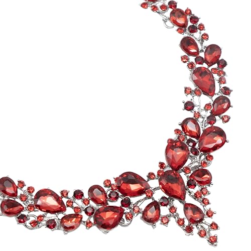 Crystal Bridal Jewelry Set, Floral Statement Necklace, Earrings, Bracelet, Wedding Accessories - color: Red