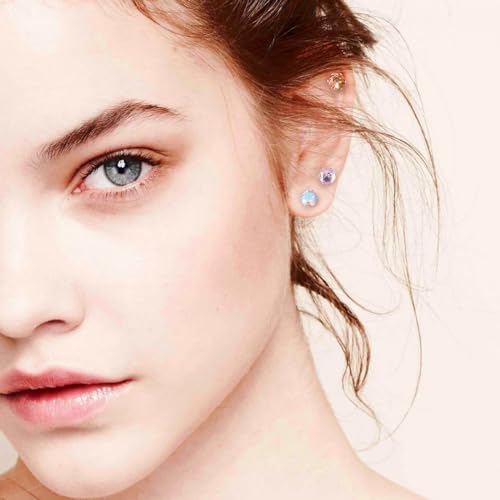 12 Pairs Surgical Stainless Steel Stud Earring Round Heart Star Square Cubic Zirconia Birthstone Stud Earrings Set for Women - color: Silver round 4mm