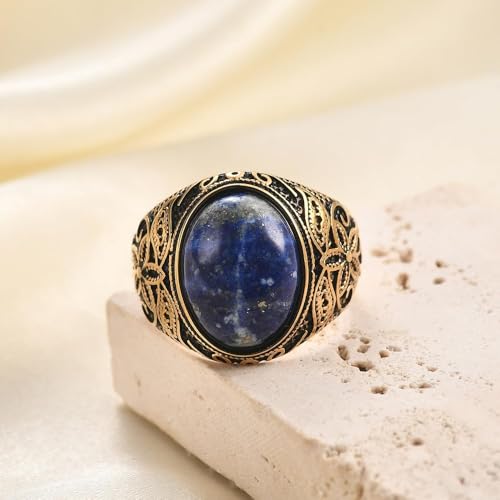 Retro Large Tiger Eye Stone Turquoise Wedding Ring For Men Classical Gothic Stainless Steel Rings - color: Gold-Blue