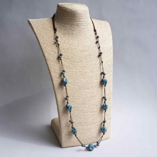 Bohemian Long Beaded Necklace for women, Colorful Hippie Long Layered Necklace, Handmade Boho Jewelry Gift for Mom - color: Teal Blue