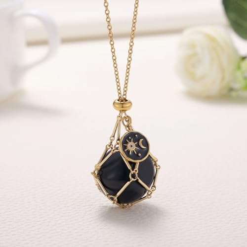 MIXJOY Black Obsidian Crystal Necklace for Women, Sun and Moon Celestial Pendant Protection Gift for Halloween Christmas - style: Medium