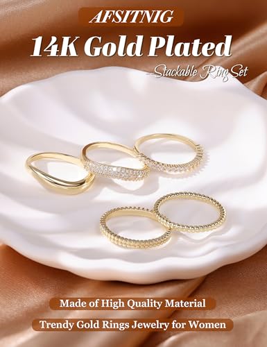 14K Gold Plated Rings for Women,Non Tarnish Stackable Chunky Ring | Cubic Zirconia Thumb Ring ,Dainty Stackable Chunky Rings Set,Trendy Statement Thick Dome Ring,Promise Wedding Band Size 6-10 - color: Cubic Zirconia Ring-Gold B
