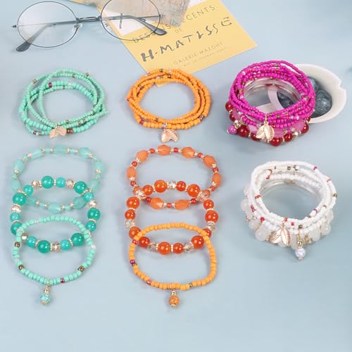 Caiyao 4Pcs Bohemia Multilayer Stackable Beaded Bracelets Set Colorful Crystal Stone Gold Beaded Stretch Bracelets Hawaii Charm Bracelet for Women Men Summer Beach Boho Vacation Jewelry Gifts - color: 7pcs hot pink