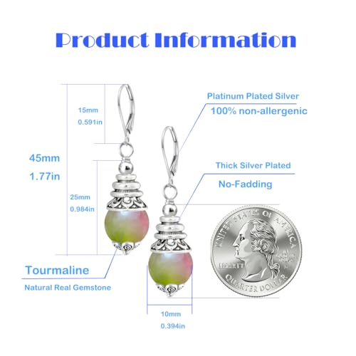 Natural 10mm Stone Beads Drop Earrings,Retro Silver Round Quartz Crystal Gemstone Beads Dangle Earrings for Women - color: A04_Tourmaline