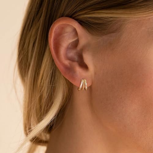 Gold Earrings for Women, Dainty Triple Huggie Earrings 14K Gold Plated Small Hoop Earrings for Women Trendy Cute Hypoallergenic Stud Earrings Unique Double Hoops Waterproof Womens Jewelry Gifts - color: gold plated-B