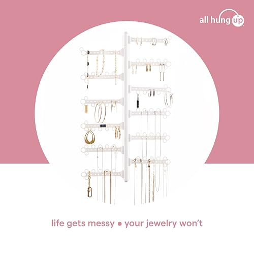 12-Tier Hanging Wall Jewelry Organizer, Earring,Necklace,Ring Holder-White | Large Capacity with 120 Earring Holes, Rotating Branches, genuine 3M Command Strips, Bracelet, Ring & Necklace Storage - color: White 12-Tier