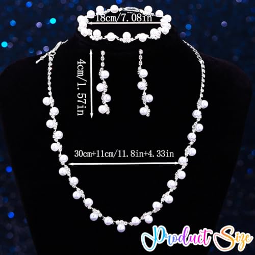 Aukmla Pearl Wedding Jewelry Sets Silver Rhinetsone Choker Necklace and Earring Bracelet Set Prom Jewelry for Brides and Women - color: Silver