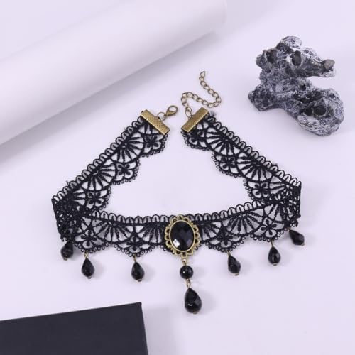 CSIYANJRY99 Gothic Choker Necklace for Women Halloween Red Crystal Vampire Choker Steampunk Lace Choker Witch Costume Accessories - style: Crystal tassel