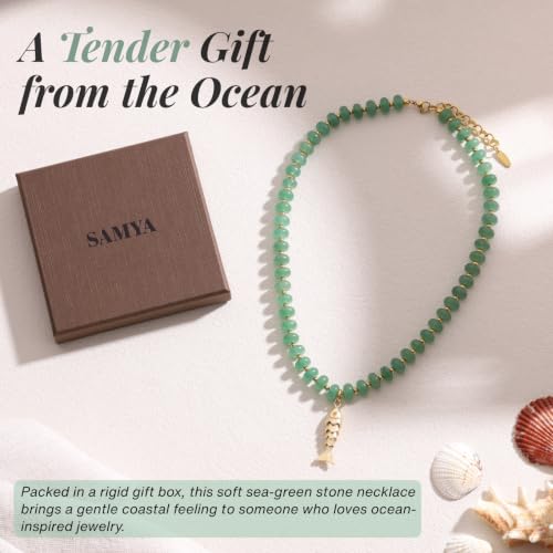 SAMYA Gemstone Beaded Necklace for Women, Natural Stone Ocean Jewelry | Fish or Seashell Pendant Beach Necklace, Gold Spacer Accents, Reinforced Stainless Steel Clasp, Adjustable 16"+2" - color: Green Aventurine