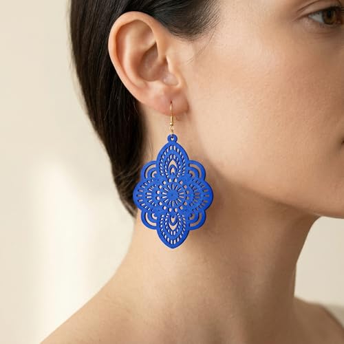 Boho Black Filigree Dangle Earrings for Women, Lightweight Hollow Lace Drop, Wood, 3.34" x 1.69", Bohemian Jewelry - color: Blue