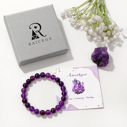 Raicegs 4 6 8MM Beaded Bracelets Healing Crystal Bracelet for Women Men Natural Stone Handmade Stretch Bracelet Reiki Spiritual Jewelry - color: Amethyst, size: 8mm