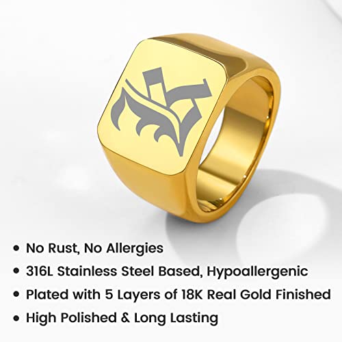 GoldChic Jewelry Personalized Signet Rings Men Women, Stainless Steel Custom Photo Bold Square/Oval Monogram/Old English Initial Pinky Stacking Statement Ring in Black/Silver/Gold (Size 7-14) - color: Gold-Initial -Square