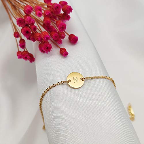 Ovian Initial Charm Bracelet for Women 18K Gold Plated stainless steel Coin Disc Engraved Letter Bracelet Personalized Monogram Name Bracelet - color: N