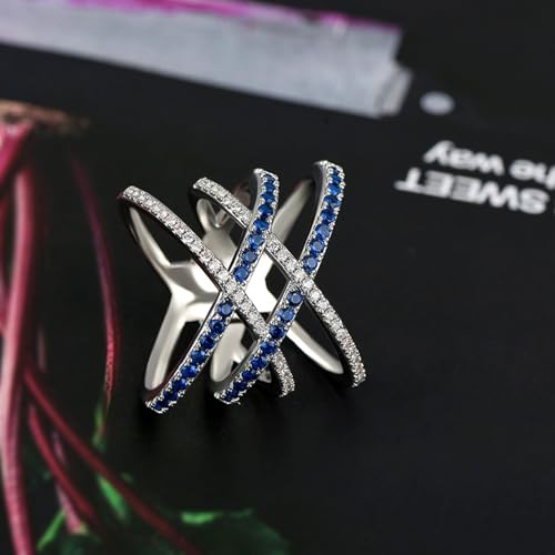 PAVOOI 14K Gold Plated X Ring Simulated Diamond CZ Criss Cross Ring for Women Juude Jewelers Silver Rose Gold Braided Wrap Knot Style Promise Statement Cocktail Party Ring(Silver Blue-US Code-6) - color: Silver Blue, size: (US Code-6)