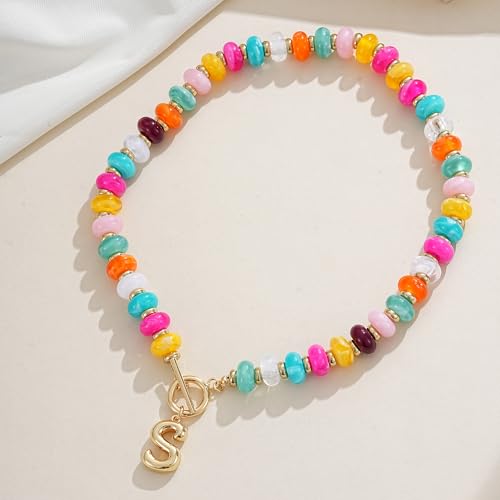 NIKOLUX Colorful Initial Necklaces for Women Chunky Resin Beaded Toggle Necklace 14K Gold Plated A-Z Bubble Letter Pendant Necklace Trendy Summer Beach Handmade Jewelry Gift - color: Colorful-S