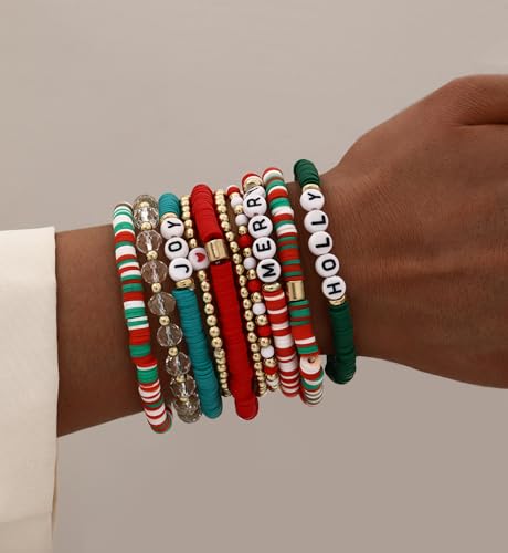 iF YOU 13pcs Boho Brown Gold Beaded Stretch Bracelets for Women, Heishi Clay Surfer Stackable Bracelet Stacks Summer Beach Jewelry - style: Red & Green Clay Bracelets