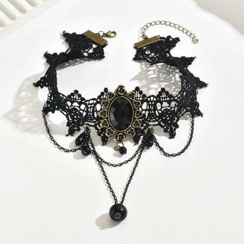 Gothic Lace Choker Necklace for Women, Pearl Sexy Tassel Adjustable Choker Necklace, Boho Halloween Jewelry for Festival Party Cosplay Costume Gifts - color: black Rose Tassels