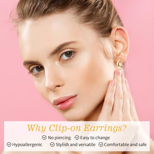3Pairs Clip On Earrings for Women Clip Earrings Clip On Gold Hoop Earring | 16K Gold Plated, Chunky Tube, Croissant, Waterdrop, Non Pierced, Fake Jewelry Set