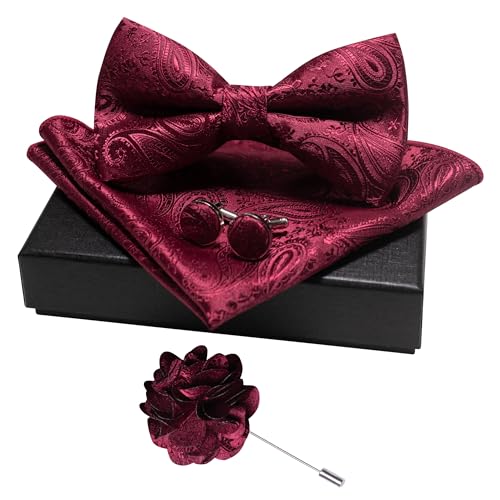 JEMYGINS Mens Paisley Bow Tie and Lapel Pin Necktie Pocket Square and Tie Clip with Sets for Business Casual 4PCS - color: Burgundy