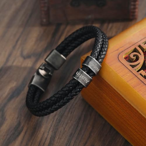 Personalized Braided Leather Bracelet with Photo Custom Name Beads Cuff Bangle Jewelry Gifts for Men Dad Husband Grandpa Fathers Day - color: Style 3
