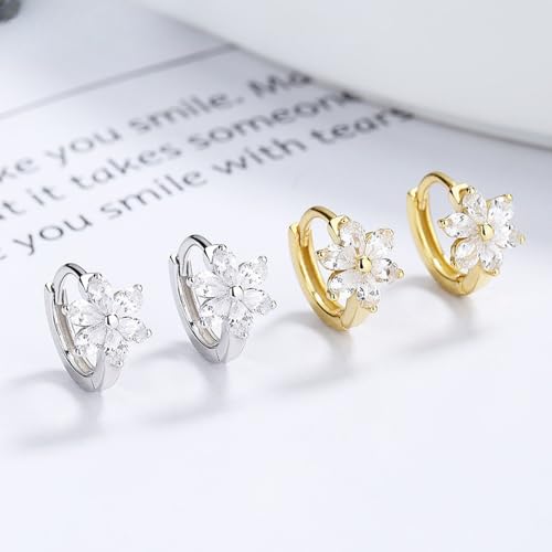 Flower Hoop Huggie Earrings for Women Small Crystal Cubic Zirconia Flower Hoops Earrings Cartilage Earrings Trendy Kawaii Cute Little Hoop Earrings Wedding Statement Gift Jewelry - color: Gold