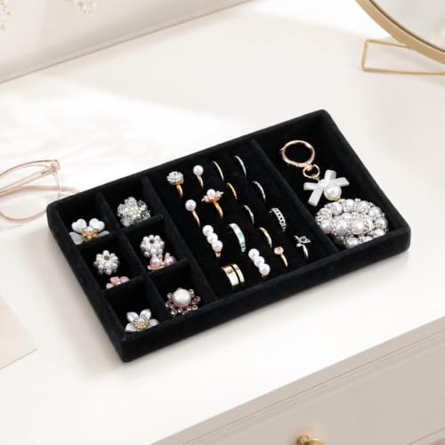 Jewelry Drawer Organizer Inserts Black Velvet Jewelry Tray Stackable Insert | Jewelry-Organizers and Storage for Drawers Drawer Inserts Earring Organizer for Women Storage Display Rings Stud Necklaces