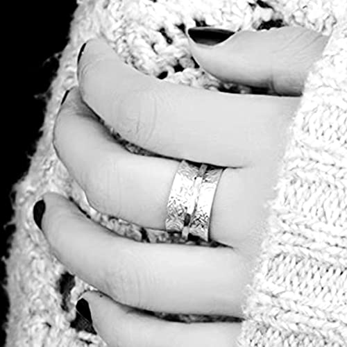 JUDE Stainless Steel Floral Pattern Chunky Size Rotating Spinner Band Ring - color: Silver