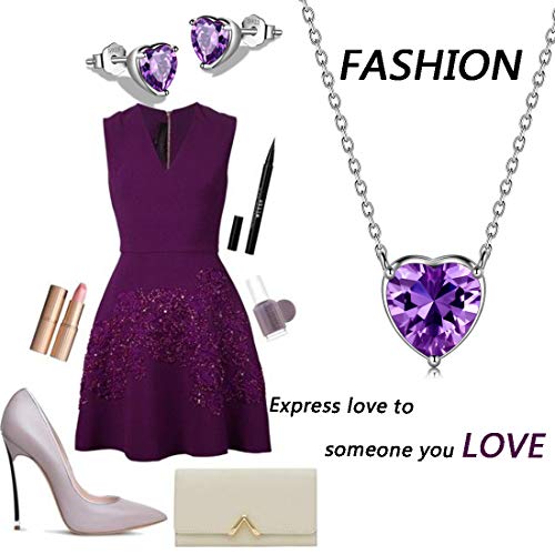 Aurora Tears Hearts Necklace Earrings Jewelry Sets - Women 925 Sterling Silver Birthstone Pendants Earrings Set Crystal Wedding Birthday Jewelry - color: B.February-set