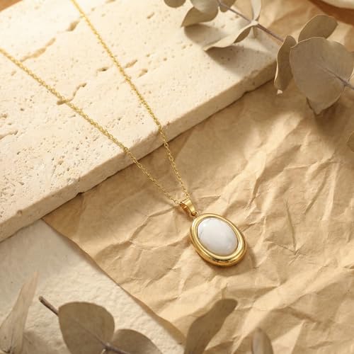 Colorful Natural Stone Necklaces for Women Trendy 14K Gold Plated Oval Gemstone Pendant Statement Necklace Jewelry Gifts for Women - color: White