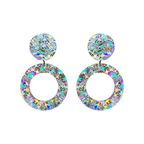 Exaggerated Acrylic Round Rectangle Heart Shape Glitter Sequins Dangle Drop Earring Boho Lightweight Geometric Circle Sequin Stud Statement for Women Girls 60s 70s Y2K Jewelry Gifts - color: D round