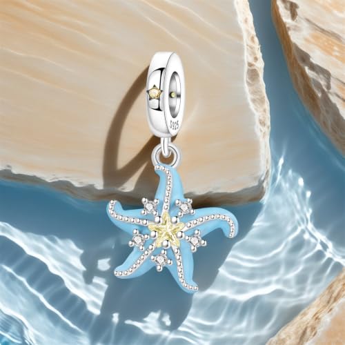 925 Sterling Silver Charms Bead for Bracelets Necklaces, Star Moon Crescent Sun Solar Pendent, Blue Ocean Starfish Shells Turtle Crab Starry Sea Cute Jewelry Birthday Gifts for Women Men - style: Starfish charms