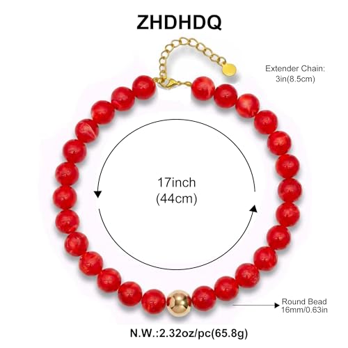 Multicolor Chunky Beaded Necklace, Statement Colorful Round Ball Beads Choker Necklace with Gold-Tone Adjustable Chain, Fashion Bold Neck Jewelry for Women - color: 16mm-Red