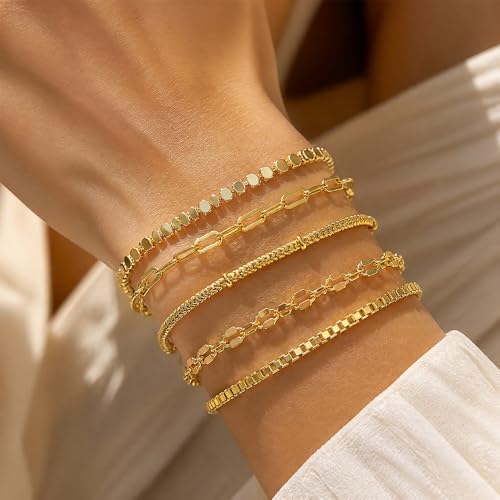 Gold Plated Layered Bracelet Set, Adjustable Paperclip Snake Chain Jewelry for Women - color: Box,Ball,Hollow heart,Satellite bead,Beaded