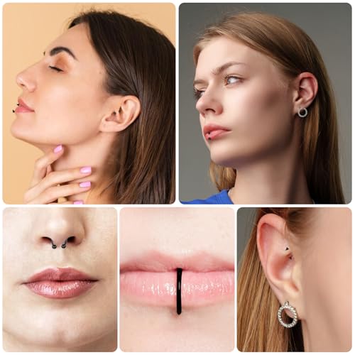 32Pcs Lip Rings for Women 16G Stainless Steel Horseshoe Labret Studs Monroe Lip Barbell Ring Snake Bite Piercing Jewelry Helix Earring Daith Tragus Cartilage Surgical Steel Jewelry - color: Black