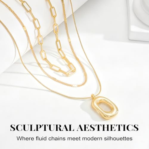 14K Gold/Silver Plated Dainty Snake Chain Layered Necklace for Women | Irregular Oval Pendant Minimalist Dainty Statement Gold Layering Everyday Jewelry - color: Gold - Rose