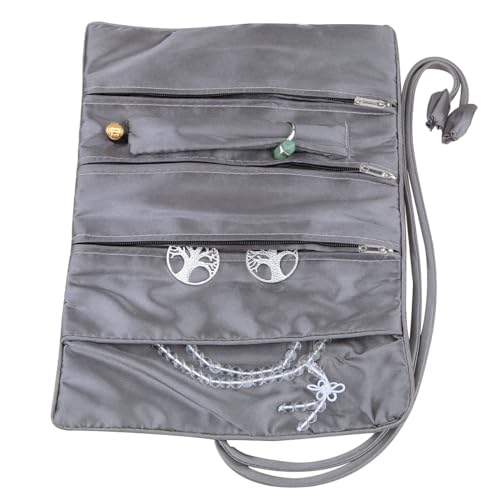 TUMBEELLUWA Embroidery Travel Jewelry Bag Roll Embroidered Flower and Bird Brocade Organizer with Tie Close - color: #2 Grey