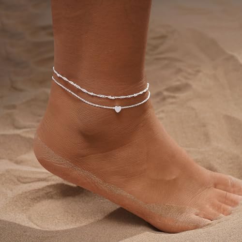 MFRYK Gold Ankle Bracelets for women,14k Gold/Silver Plated Waterproof Layered lightweight Cuban Link Figaro Chain Heart anklet butterfly anklet Pearl Ankle Bracelets Set Gold Anklets for women Trendy Jewelry Gift for Women - style: 2 anklets layered hear