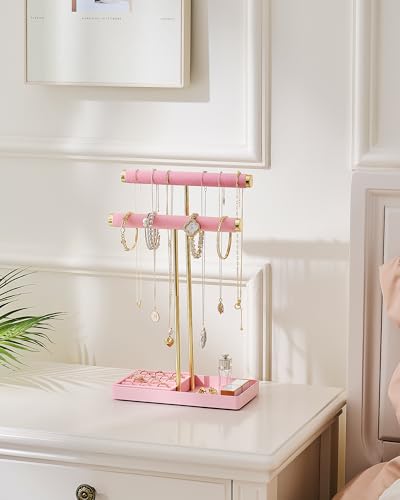 Lolalet 2-Tier Necklace Holder Display, Jewelry Stand with Ring Tray -Pink | Velvet Wrapped Jewelry Organizer, Tall Bracelet Stand for Bangles Watches Earrings, Gifts for Mom Girls Women Mother's Day - color: Pink