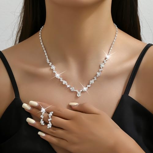 NEWITIN 5 Pieces Crystal Silver Jewelry Set for Women Watch Necklace Bracelet Earrings Bling Cubic Zirconia Wedding Jewelry Sets for Brides Bridesmaid Prom Costume Accessories