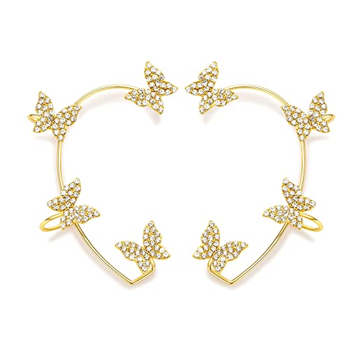 2Pcs Butterfly Ear Cuffs Rhinestone Clip On Earrings | Rhinestone butterfly ear cuffs with non piercing clip on design; silver ear wrap climber jewelry for parties and weddings - style: Style B Gold