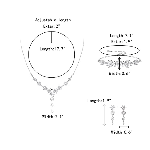 Crysdue Wedding Jewelry Set for Brides Bridesmaid, Cubic Zirconia Teardrop Marquise Leaf Cluster Pendant Necklace Bridal Tennis Bracelet Drop Earrings for Women Party Prom - style: I_silver