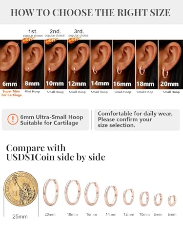 925 Sterling Silver Huggie Hoop Earrings, Small Silver Hoop Earrings for Women Hypoallergenic Huggie Lightweight Small Hoops Earring Cartilage Sleeper Earrings 6/8/10/12/14/16/18/20mm - color: Rose Gold, size: 6MM