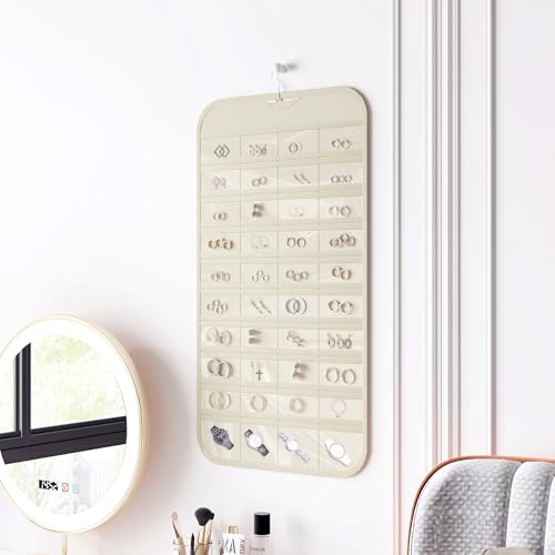 Hanging Jewelry Organizer 80-Pocket Double-Sided Storage, 1-Pack, Beige - color: Beige
