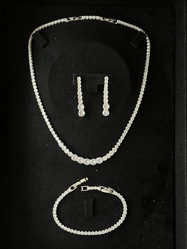 Bride Jewelry Set Silver Crystal Wedding Necklace Earrings Bracelet Set - Bridal Rhinestone Brass Pendant Accessories for Women and Bridesmaids - style: Jewelry Set 07